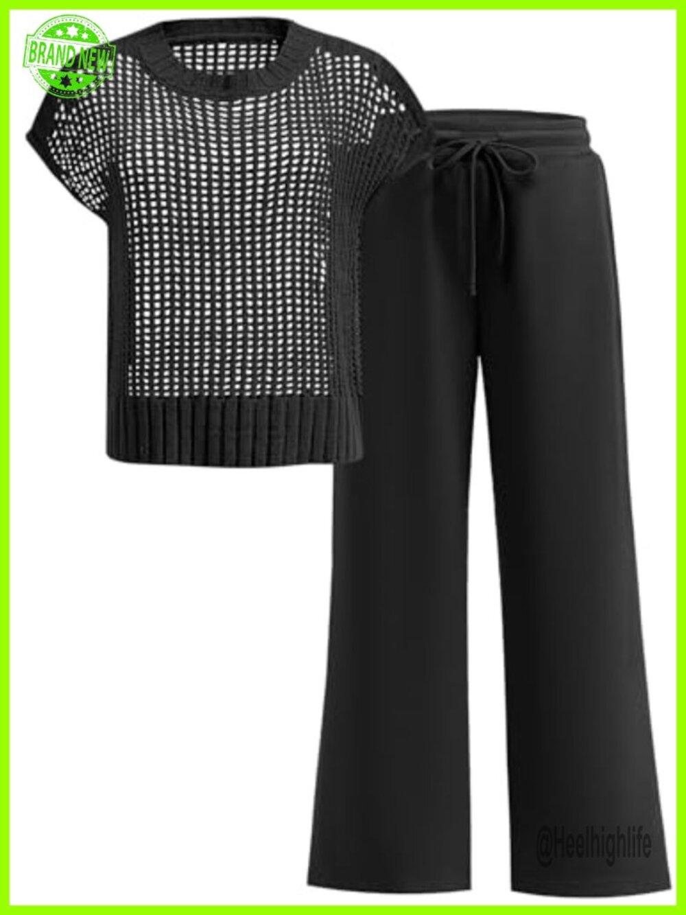 Crochet Sheer Knit Top Wide Leg Pants Lounge Set